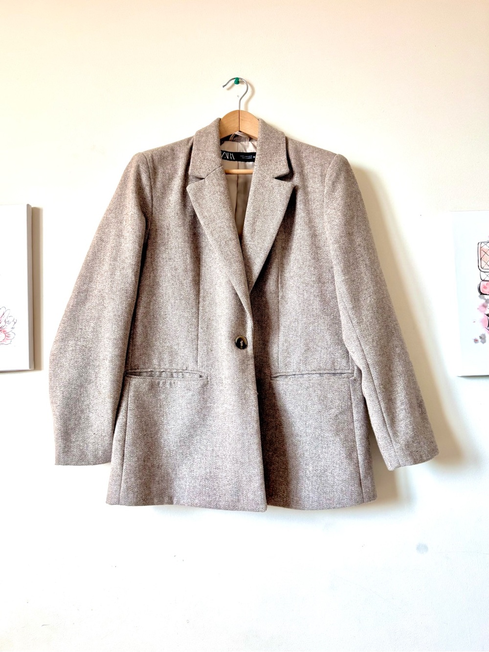 Zara Herringbone Sz M Wool Blend Taupe Beige Melange Straight Blazer 3046/483